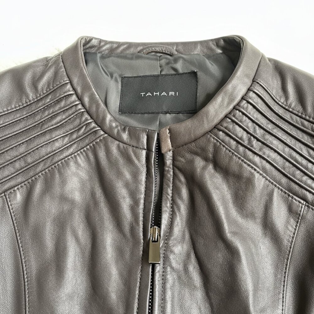 Tahari Dark Brown Genuine Leather Moto Jacket Women’s Medium – Zip Front - Picture 5 of 7